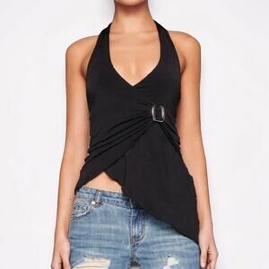I.AM.GIA Black Halter Wrap Top Amy Buckle Asymmetrical Stretch
